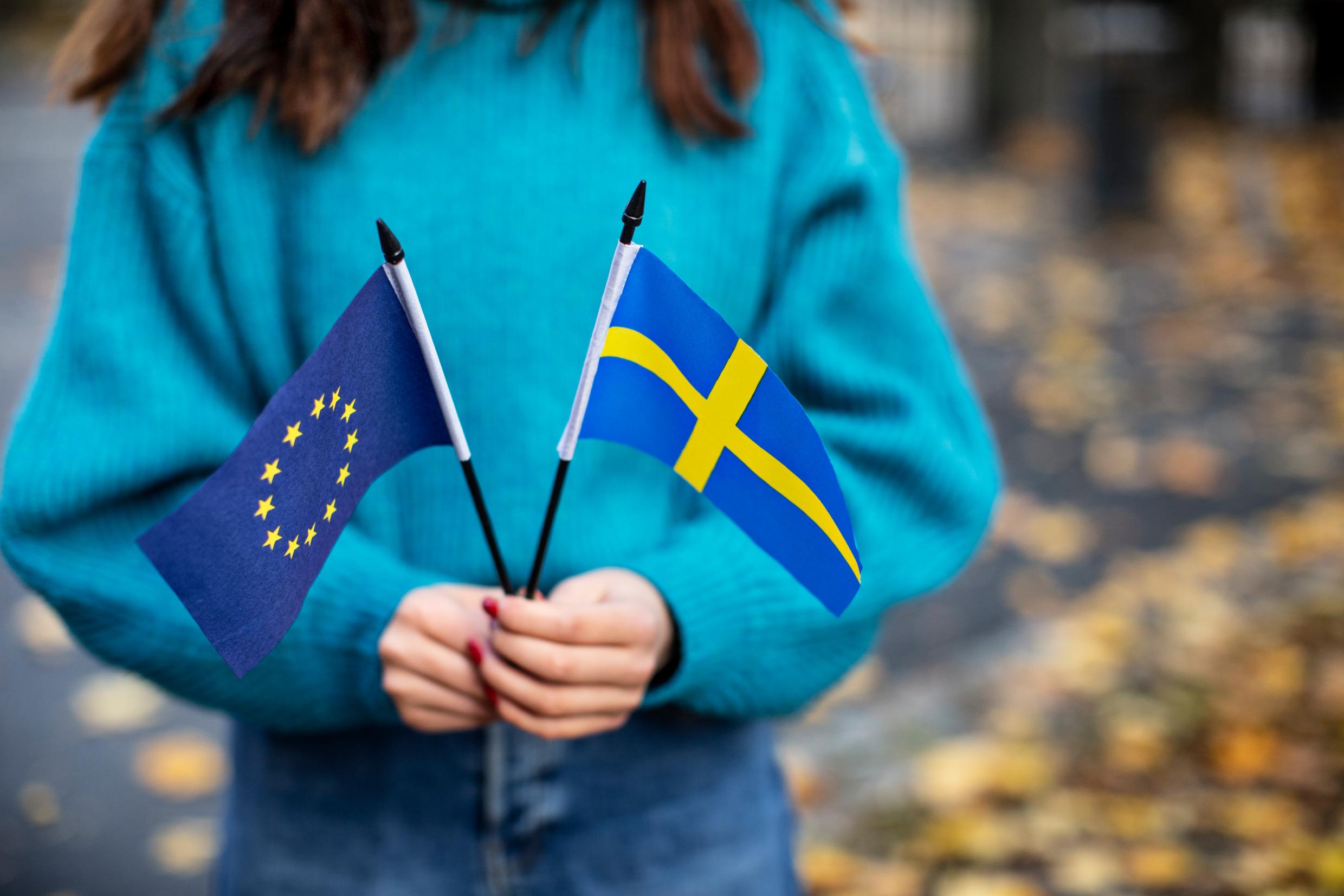 A girl is holding two small paper flags: the Swedish flag and the flag for the European Union, both blue and yellow.